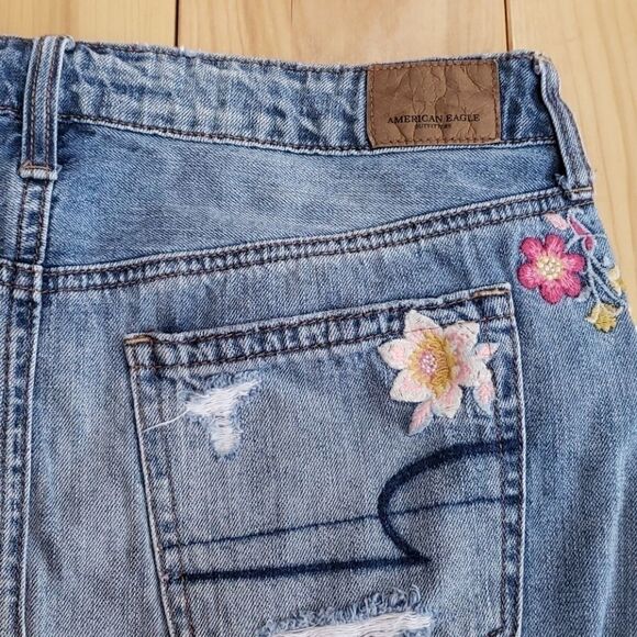 𝅺AEO FLORAL EMBROIDERED TRENDY DISTRESSED OPEN HEM JEAN MINI SKIRT - Picture 11 of 16